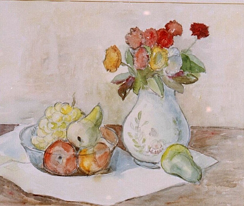 August Kutterer - Stilleben mit Glasschale mit Früchten und Blumenvase mit Zinien
