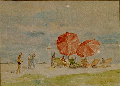 August Kutterer - Badestrand am See mit Sonnenschirmen und Menschen auf Liegen