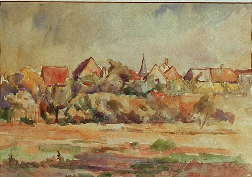 August Kutterer - Wiesen und Felder mit Dorf im Hintergrund, Daxlanden