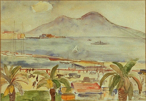 August Kutterer - südländischer Kai mit Blick auf Meer und Berg, Neapel