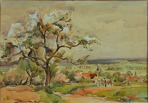 August Kutterer - weite Landschaft mit kleinem Dorf, blühender Baum links im Vordergrund