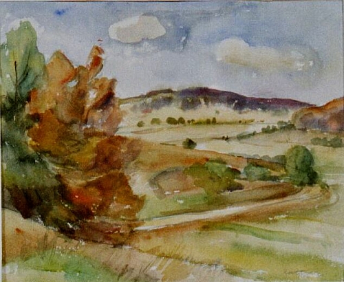 August Kutterer - weite Landschaft mit Feldern und Hügel