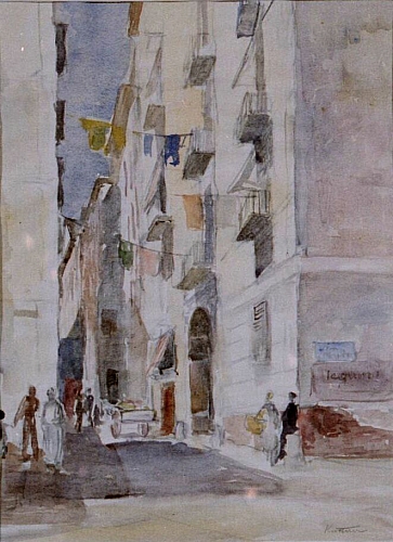 August Kutterer - südländische Straßenszene zwischen hohen Häusern, Neapel