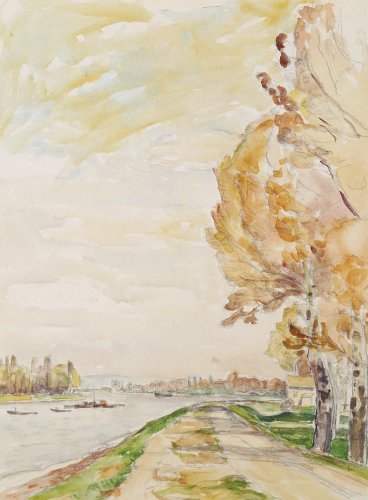 August Kutterer - Weg mit Bäumen entlang eines Flussufers, Rhein