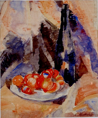 August Kutterer - Stilleben mit Flasche und Teller mit roten Früchten und Tomate
