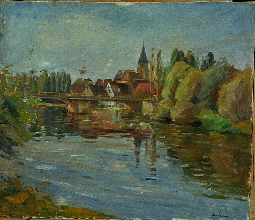 August Kutterer - Flusslauf mit Dorf und Landschaft