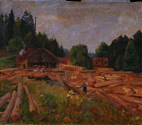 August Kutterer - Sägewerk mit Arbeitern und Baumstämmen