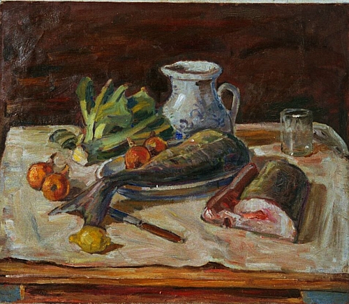 August Kutterer - Stilleben mit Fischen, Gemüse und Geschirr auf Tisch