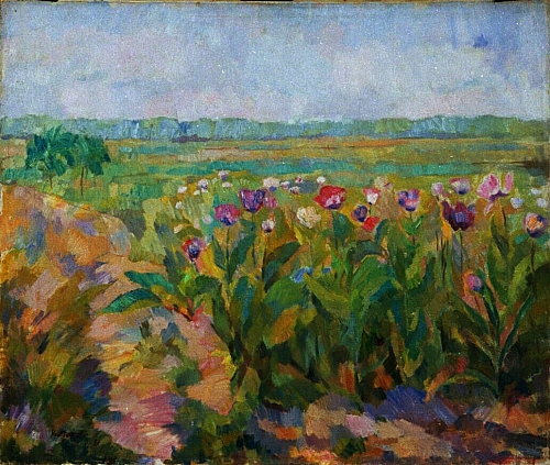 August Kutterer - weites Feld mit Mohnblumen im Vordergrund