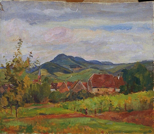 August Kutterer - Landschaft mit Bergen und Dorf