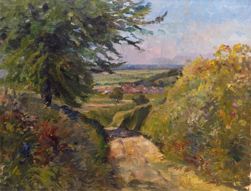 August Kutterer - Landschaft mit Weg und Dorf im Tal