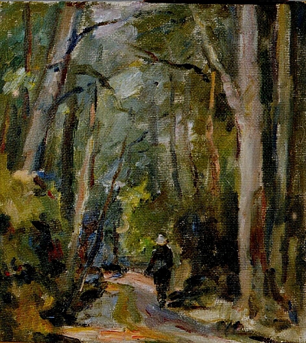 August Kutterer - Spaziergänger im Wald zwischen hohen Bäumen