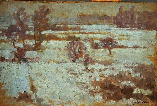August Kutterer - Landschaft mit Feldern und Bäumen im Winter
