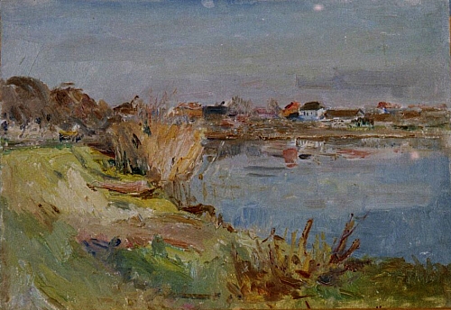 August Kutterer - Gewässer mit Ufer und Dorf im Hintergrund, Daxlanden