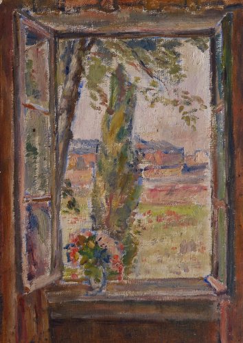 August Kutterer - Blick aus einem Fenster im Esszimmer des Kuttererhauses in der Vorderstr.14, Blick über die Berggärten auf die sogenannte Briketthalle (Gebäude im Hintergrund)