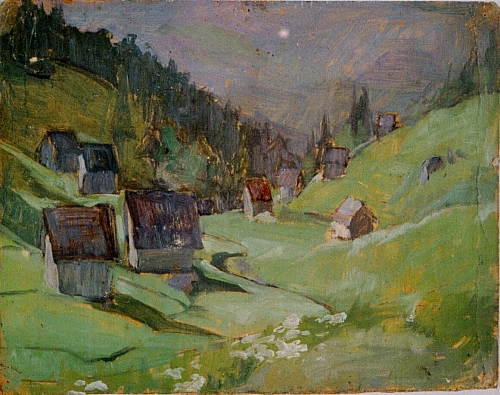 August Kutterer - Landschaft mit Heuschuppen