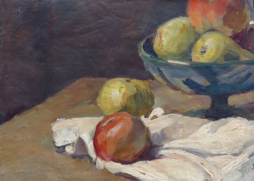 August Kutterer - Stillleben, Fruchtschale mit roten Äpfeln und Birnen, zusammen mit weißem Tuch auf Tisch.