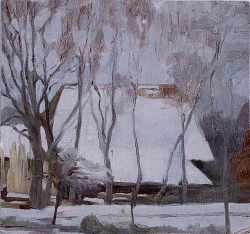 August Kutterer - Bauernhaus im Winter mit Bäumen