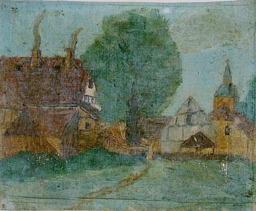 August Kutterer - Dorfplatz mit Kirche Bauernhäusern und rauchenden Schornsteinen