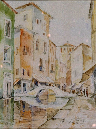 August Kutterer - Wasserstraße mit Brücke zwischen Häusern, Venedig