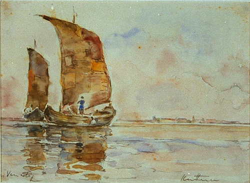 August Kutterer - zwei Segelboote auf dem Meer, Küste im Hintergrund, Venedig