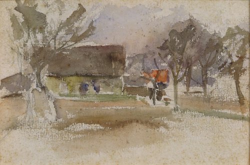 August Kutterer - Felder mit Bäumen und Bauernhaus im Hintergrund