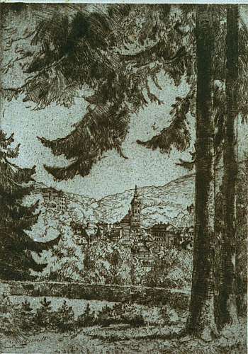 August Kutterer - Blick zwischen Bäumen auf kleine Stadt