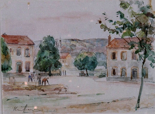 August Kutterer - Dorfplatz mit Häusern und Arbeitern, Baum im Vordergrund rechts, Baccarat ?