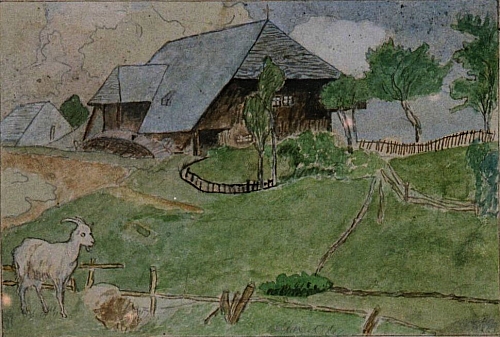 August Kutterer - Bauernhaus mit Wiese und Ziege