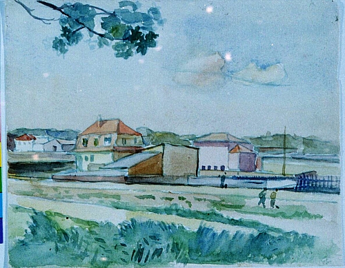 August Kutterer - Wiese  mit kleiner Fabrik und Häusern im Hintergrund