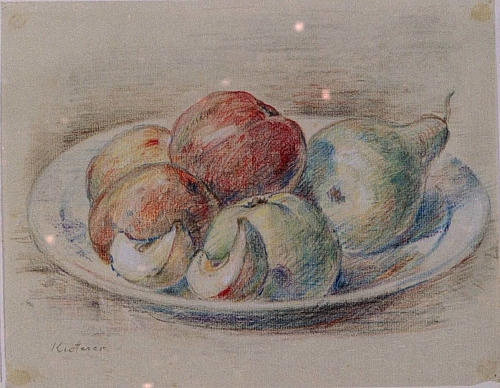 August Kutterer - Stilleben Fruchtteller mit Äpfeln, Birne und Apfelschnitzen