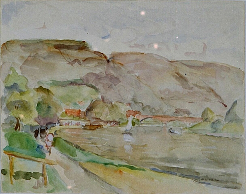 August Kutterer - Flussbiegung mit Booten, Spazierweg und Hügelkette