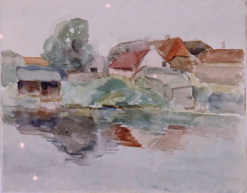August Kutterer - Fluss mit Häuserufer und Wasserspiegelung