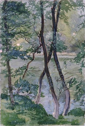 August Kutterer - Auenlandschaft mit Baumstämmen im Vordergrund