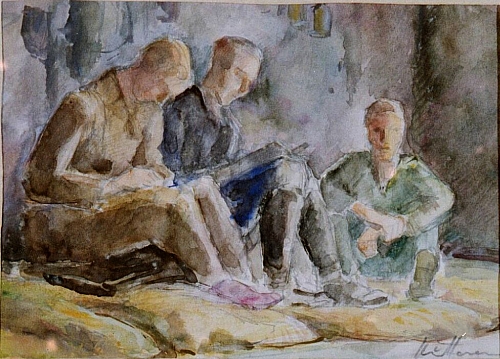 3 Männer auf dem Boden auf Kissen (Säcken) sitzend, Frankreich Baccarat