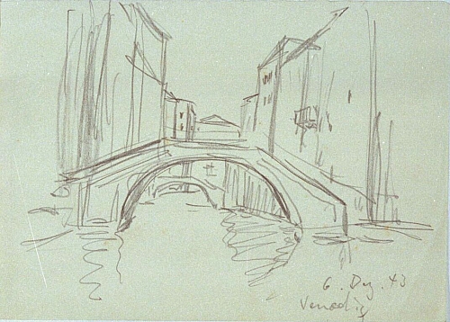 August Kutterer - Wasserstraße mit Häusern und Brücke, Italien, Venedig