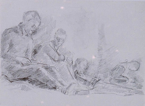 August Kutterer - vier Männer sitzend, z.T. lesend, Baccarat, Frankreich