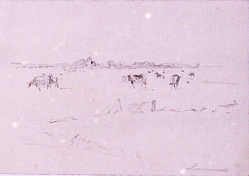 August Kutterer - grasende Kühe mit Dorf im Hintergrund