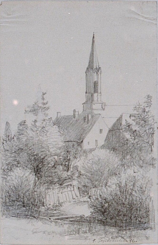 August Kutterer - Dorfrand mit Kirchturm
