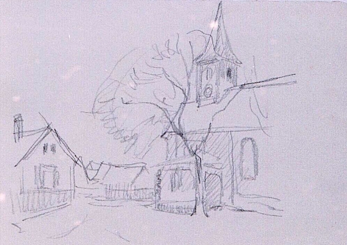 August Kutterer - Chor der St. Valentinskirche Daxlanden mit nebenstehenden Bauernhäusern, Skizze