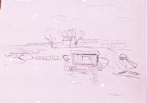 August Kutterer - Uferstelle mit Bootshaus und Boot zu Wasser, Maxau