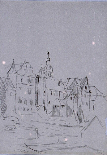 August Kutterer - Häuserzeile mit barockem Kirchturm, Gochsheim