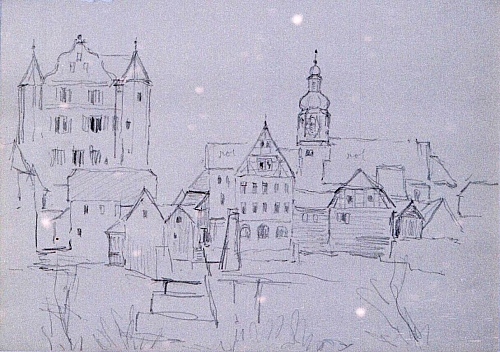 August Kutterer - Kulisse mit Bauernhäusern, Kirche und Herrschaftsgebäude, Gochsheim