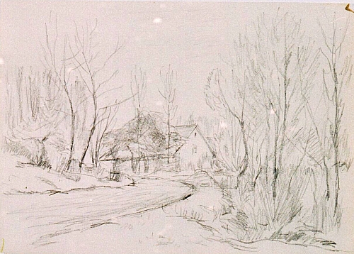 August Kutterer - Feldweg mit Bäumen und Bauernhaus