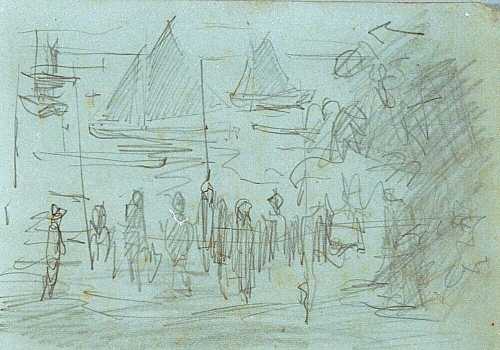 August Kutterer - See mit Booten und Menschen am Ufer, Skizze
