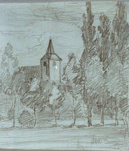 August Kutterer - Bäume mit Kirchturm im Hintergrund