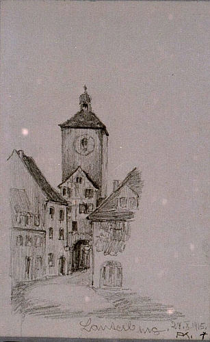 August Kutterer - Straße mit Turm und Tordurchfahrt