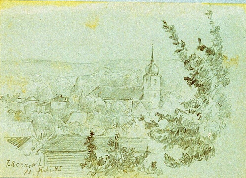 August Kutterer - Blick aus Sträuchern auf kleines Dorf mit Kirchturm, Baccarat