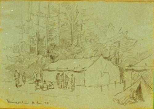 August Kutterer -  Zeichnung eines Zeltlagers im Wald