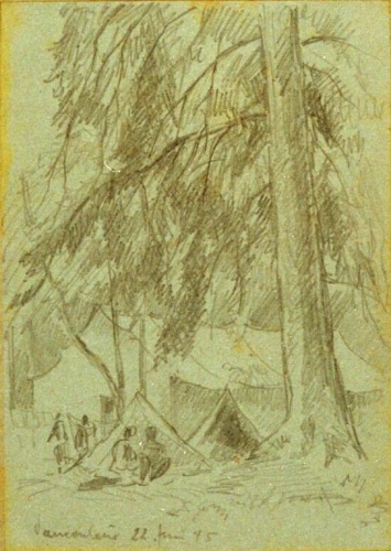 August Kutterer - Zeichnung eines Zeltlagers im Wald
